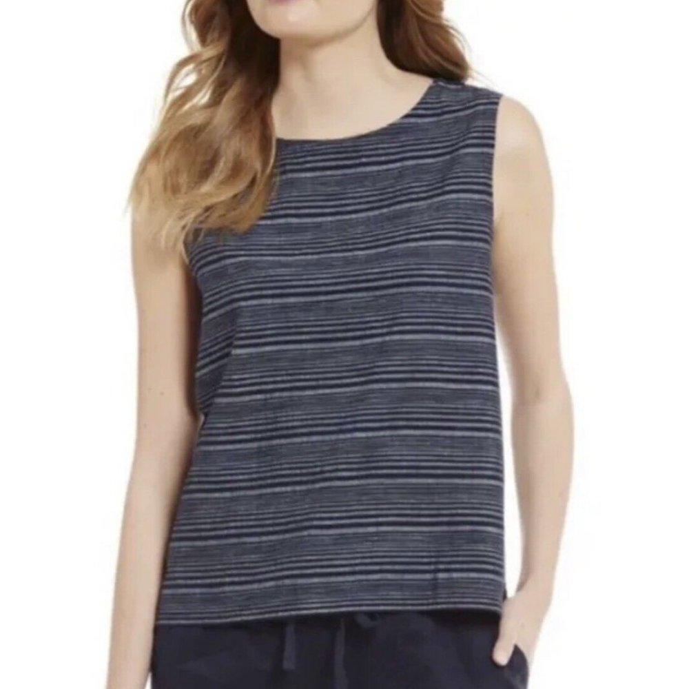 Eileen Fisher XL Organic Cotton Linen Modal Blend Blue Striped Tank Top EUC 9204